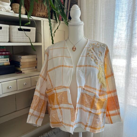 Handmade Sweaters - Vintage antique linen table cloth upcycled lightweight blazer cardigan large